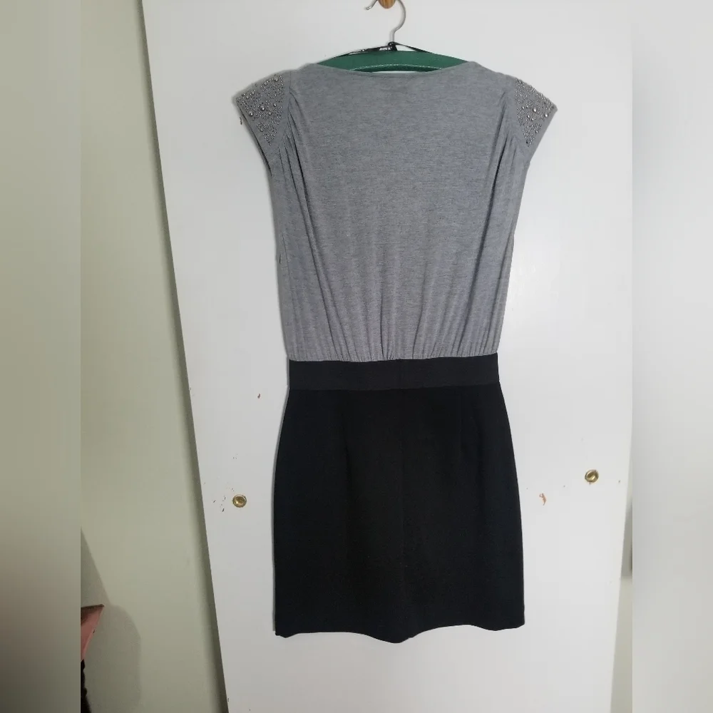 Allen B Military Inspired 2 Tone Mini Dress, Capped Studded Sleeves Black Gray M - Picture 7 of 9